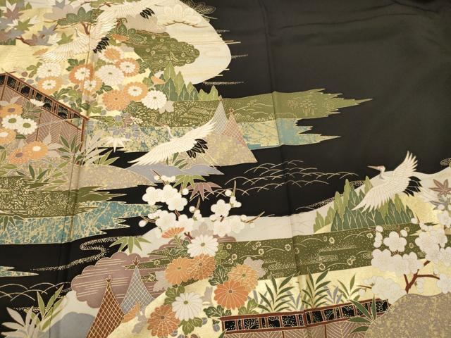 平和屋着物■豪華黒留袖 駒刺繍 飛鶴花松文 金彩 正絹 逸品 CABH3031oy
