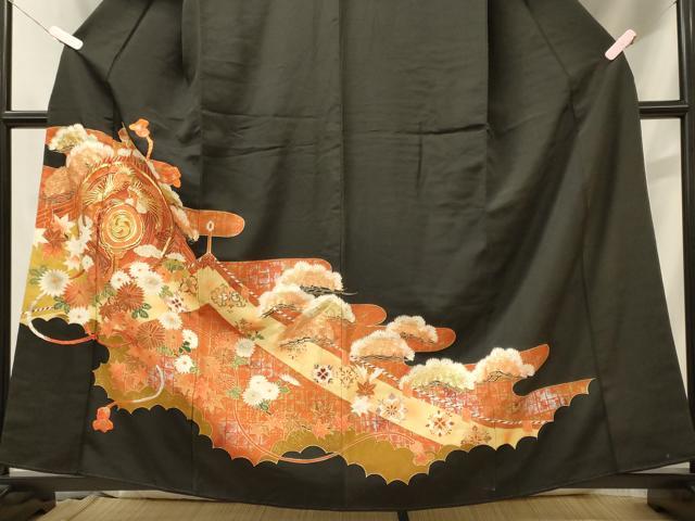 平和屋着物■豪華黒留袖 駒刺繍 鳳凰花松文 金銀彩 正絹 逸品 CABH3089oy