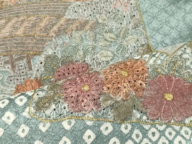 平和屋着物■中国三大刺繍 スワトウ刺繍 訪問着 絞り 色紙渡橋花文 金彩 正絹 逸品 CABH3149oy