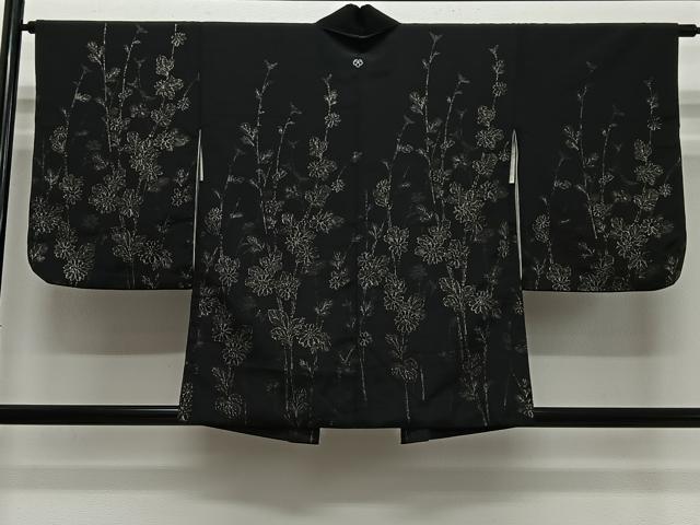 平和屋着物#羽織 寿光織 枝花文 黒地 銀糸 正絹 逸品 CABH3215ua