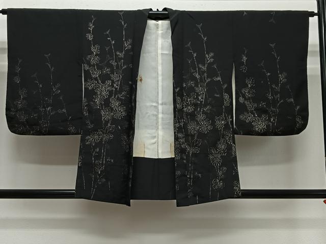 平和屋着物#羽織 寿光織 枝花文 黒地 銀糸 正絹 逸品 CABH3215ua