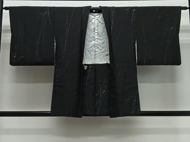 平和屋着物∞羽織 寿光織 枝葉文 黒地 金銀糸 正絹 逸品 CABH3289ua