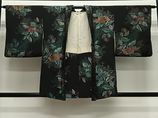 平和屋着物#羽織 寿光織 草花文 黒地 金銀糸 正絹 逸品 CABH3303ua