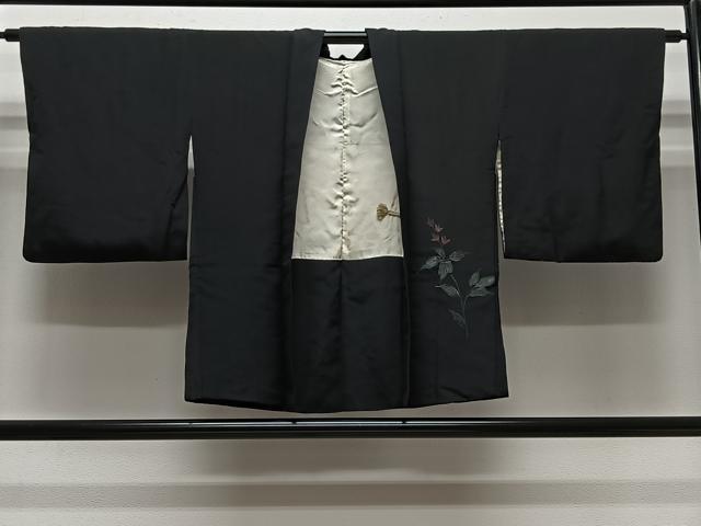 平和屋着物#羽織 寿光織 草花文 黒地 金糸 正絹 逸品 CABH3320ua