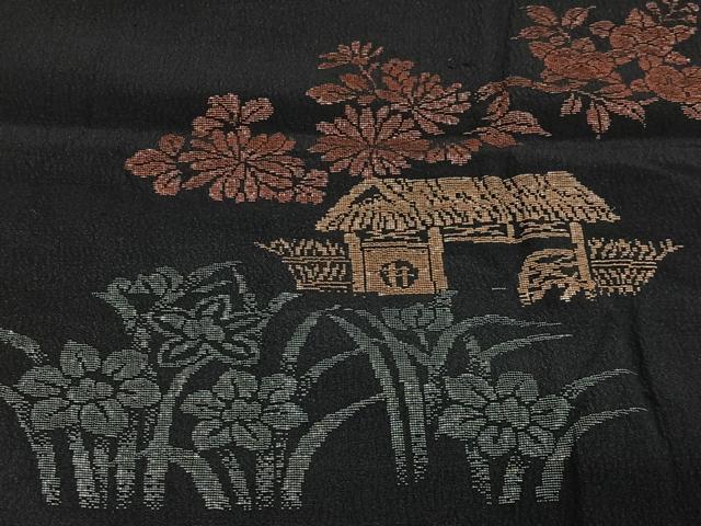 平和屋着物#長羽織 寿光織 風景花文 黒地 金糸 正絹 逸品 CABH3324ua