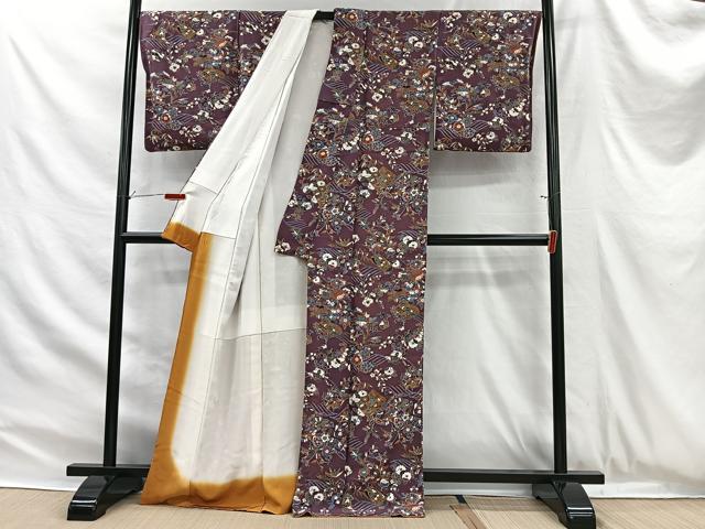 平和屋着物■上質な小紋 草花文 金彩 鬼しぼ縮緬 正絹 逸品 CABH3366ua