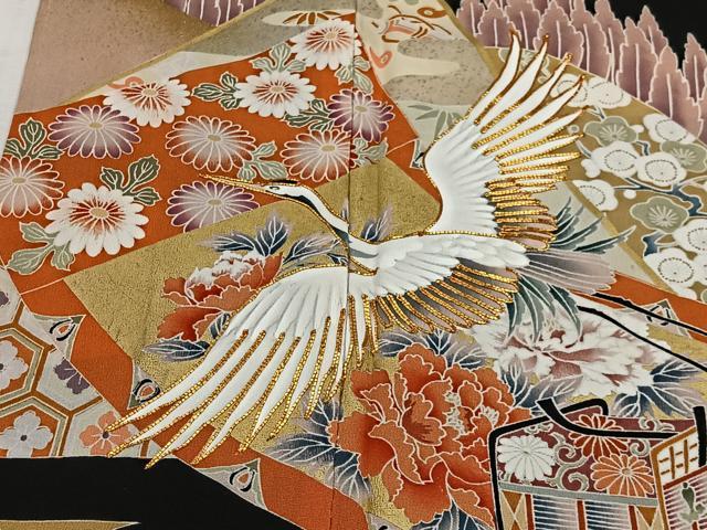 平和屋着物■豪華黒留袖 駒刺繍 御所車飛鶴花文 金彩 正絹 逸品 CABH3395ua
