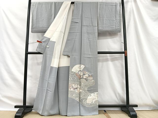 平和屋着物■色留訪問着 駒刺繍 扇面草花文 金彩 正絹 逸品 CABH3450ua