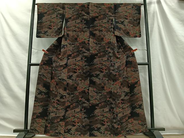 平和屋着物■上質な小紋 人物風景文 黒地 鬼しぼ縮緬 正絹 逸品 未使用 CABH3463ua