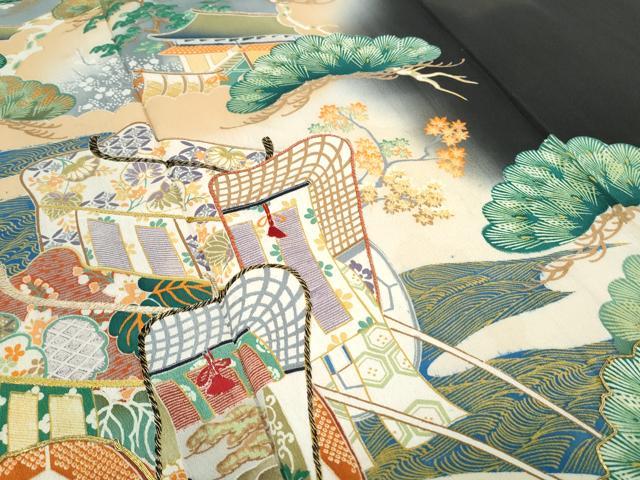 平和屋着物●アンティーク 大正ロマン 黒留袖 駒刺繍 御所車枝松文 正絹 逸品 CABH3605th