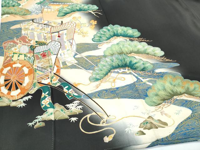 平和屋着物●アンティーク 大正ロマン 黒留袖 駒刺繍 御所車枝松文 正絹 逸品 CABH3605th