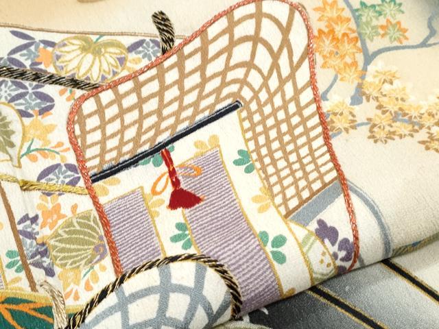 平和屋着物●アンティーク 大正ロマン 黒留袖 駒刺繍 御所車枝松文 正絹 逸品 CABH3605th