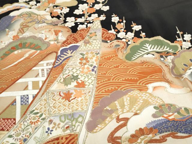 平和屋着物●アンティーク 大正ロマン 黒留袖 松竹梅 金彩 正絹 逸品 CABH3606th