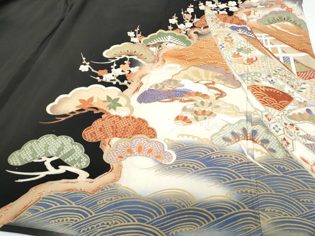 平和屋着物●アンティーク 大正ロマン 黒留袖 松竹梅 金彩 正絹 逸品 CABH3606th