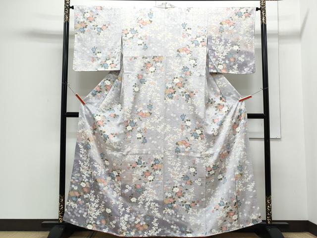 平和屋着物●訪問着　紬地　市松吉祥草花文　暈し染め　正絹　逸品　AABG8555ph 平和屋着物○訪問着 草花文 暈し染め 正絹 逸品  CABH3613th