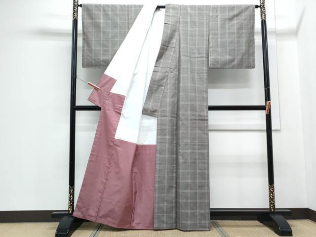平和屋着物●士乎路紬 格子文 加納別誂 反端付き 正絹 逸品 CABH3626th