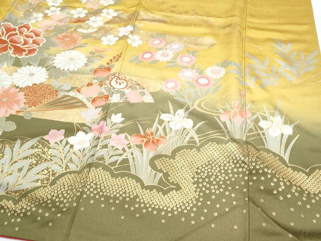 平和屋着物●豪華振袖 駒刺繍 扇面花蝶文 暈し染め 金彩 正絹 逸品 CABH3633th