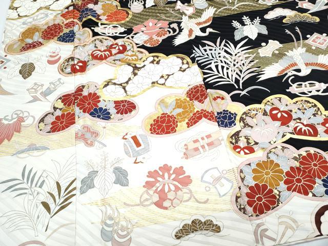平和屋着物●豪華振袖 駒刺繍 宝尽くし飛鶴花文 金彩 正絹 逸品 CABH3673th