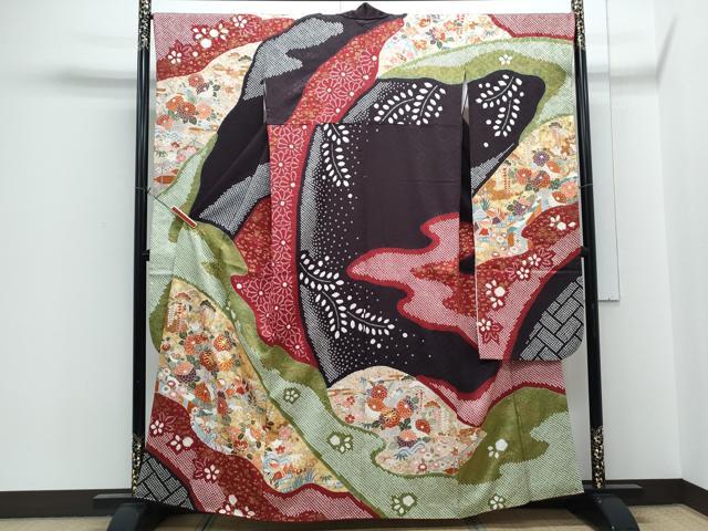 平和屋着物●豪華振袖 駒刺繍 絞り 鴛鴦花文 金彩 正絹 逸品 CABH3675th