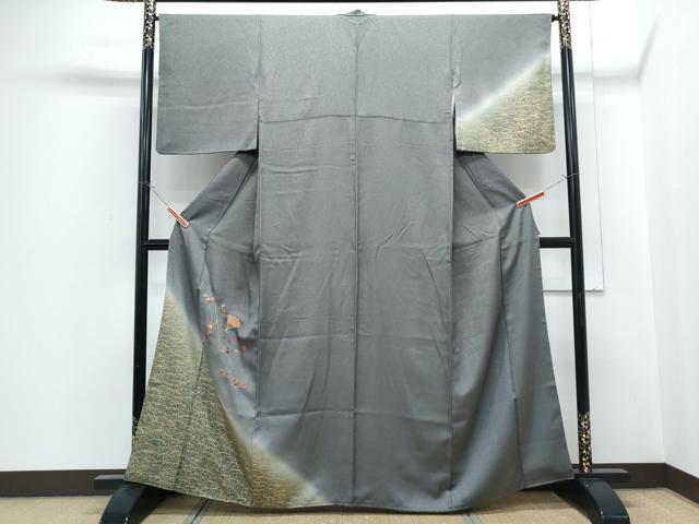 平和屋着物●訪問着 刺繍 扇面枝花文 暈し染め 金通し地 正絹 逸品 CABH3681th