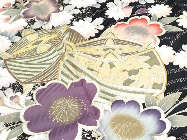 平和屋着物●豪華振袖 駒刺繍 糸巻き花文 黒地 金彩 正絹 逸品 CABH3707th
