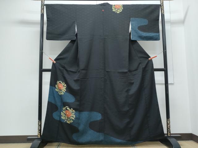 平和屋着物●訪問着 流水草花文 黒地 金彩 正絹 逸品 CABH3709th