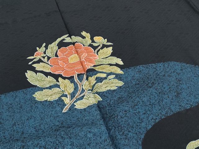 平和屋着物●訪問着 流水草花文 黒地 金彩 正絹 逸品 CABH3709th