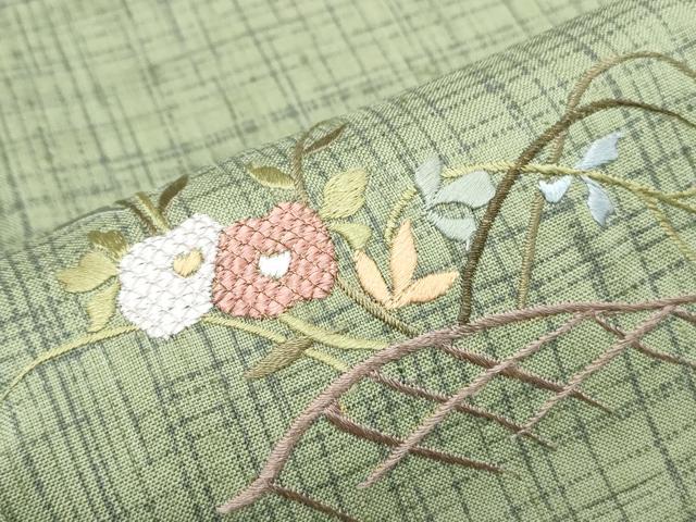 平和屋着物●訪問着 作家物 紬地 総刺繍 草花文 金糸 正絹 逸品 CABH3713th