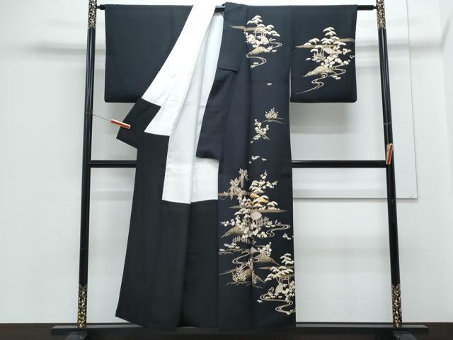 平和屋着物●訪問着 駒刺繍 松竹梅 黒地 金銀彩 正絹 逸品 CABH3746th