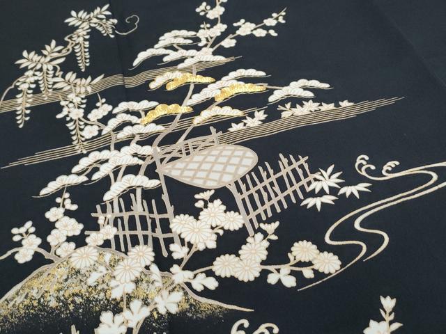 平和屋着物●訪問着 駒刺繍 松竹梅 黒地 金銀彩 正絹 逸品 CABH3746th