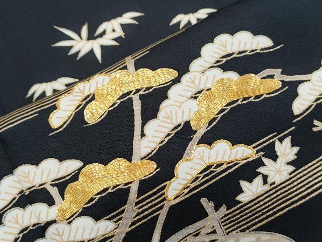 平和屋着物●訪問着 駒刺繍 松竹梅 黒地 金銀彩 正絹 逸品 CABH3746th