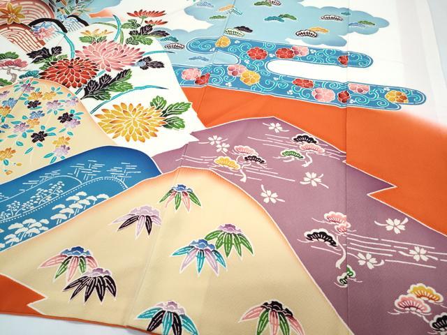 平和屋着物●豪華振袖 型染め 草花文 暈し染め 正絹 逸品 CABH3758th