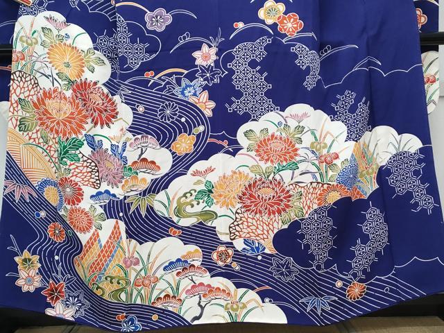 平和屋着物●豪華振袖 型染め 流水花文 鬼しぼ縮緬 正絹 逸品 CABH3760th