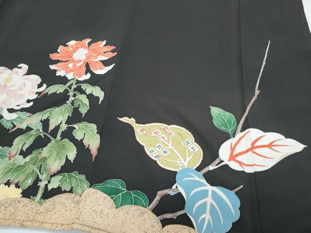 平和屋着物●アンティーク 大正ロマン 黒留袖 駒刺繍 草花文 金彩 正絹 逸品 CABH3761th