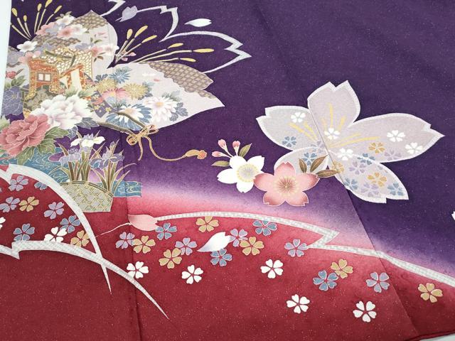平和屋着物●豪華振袖・長襦袢セット 御所車花文 暈し染め 銀通し地 半衿刺繍 正絹 逸品 CABH3771th