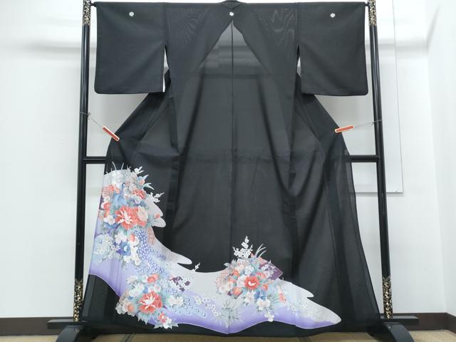 平和屋着物*夏物 黒留袖 絽 孔雀花文 銀彩 洗える着物 CABH3831th