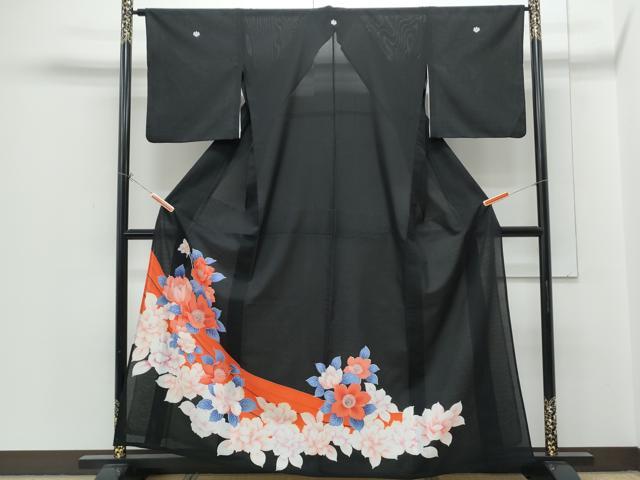 平和屋着物*夏物 黒留袖 絽 草花文 洗える着物 CABH3886th