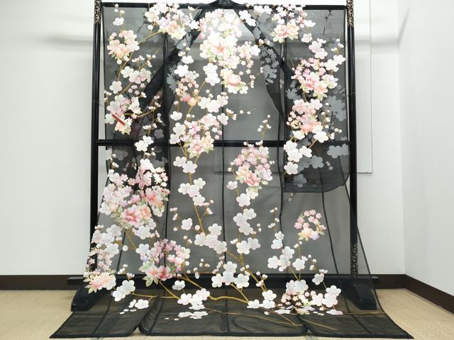 平和屋着物*夏物 お引きずり・お引き摺り・引き振袖 和装 結婚式 舞妓 芸妓 芸者 衣装 枝花文 オーガンジー 黒地 金銀彩 逸品 CABH3899th
