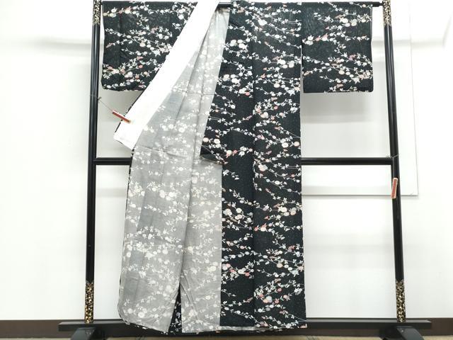 平和屋着物*夏物 小紋 絽 草花文 黒地 正絹 逸品 CABH3913th