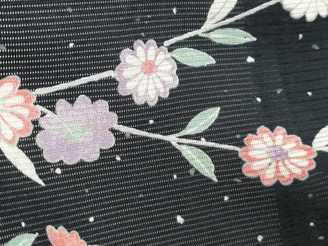 平和屋着物*夏物 小紋 絽 草花文 黒地 正絹 逸品 CABH3913th