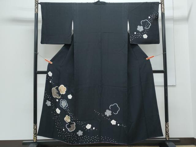 平和屋着物●訪問着 駒刺繍 絞り 草花文 黒地 金彩 正絹 逸品 CABH3970th