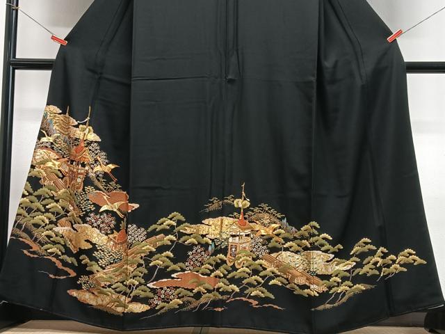 平和屋着物■豪華黒留袖 駒刺繍 飛鶴松文 鉾 金彩 正絹 逸品 CABH4264xe
