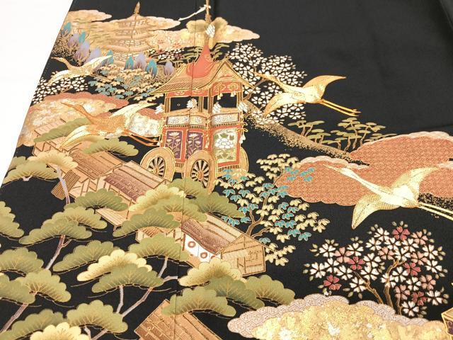 平和屋着物■豪華黒留袖 駒刺繍 飛鶴松文 鉾 金彩 正絹 逸品 CABH4264xe