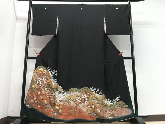 平和屋着物■豪華黒留袖 駒刺繍 御所車花文 金彩 正絹 逸品 CABH4265xe