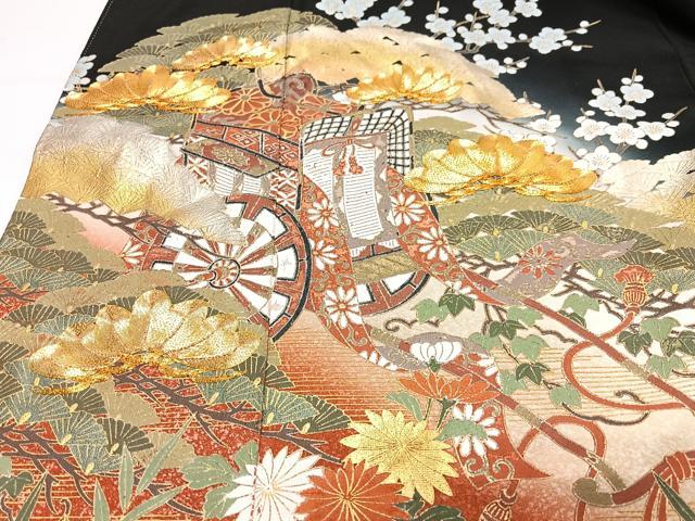 平和屋着物■豪華黒留袖 駒刺繍 御所車花文 金彩 正絹 逸品 CABH4265xe