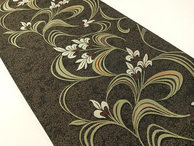 平和屋着物●六通柄袋帯 草花文 黒地 金通し地 正絹 逸品 CABH4452vp