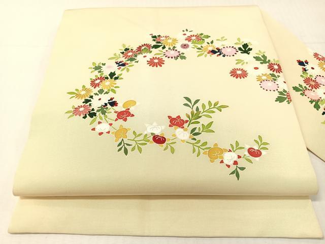 平和屋着物●塩瀬 友禅 九寸名古屋帯 草花文 正絹 逸品 CABH4487vp