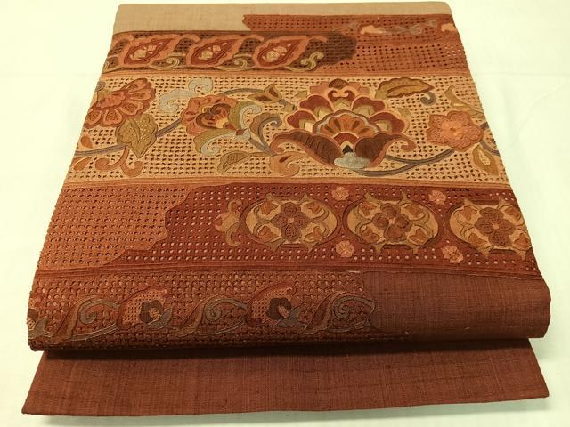 平和屋着物●中国三大刺繍 スワトウ相良刺繍 総刺繍 太鼓柄袋帯 紬地 更紗横段文 正絹 逸品 CABH4494vp