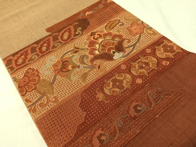 平和屋着物●中国三大刺繍 スワトウ相良刺繍 総刺繍 太鼓柄袋帯 紬地 更紗横段文 正絹 逸品 CABH4494vp