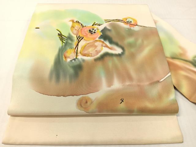 平和屋着物●塩瀬 九寸名古屋帯 ろうけつ染 草花文 正絹 逸品 CABH4496vp